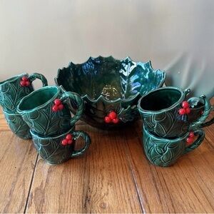 Lefton Green and Red Ceramic Holly Bowl and Mug Set